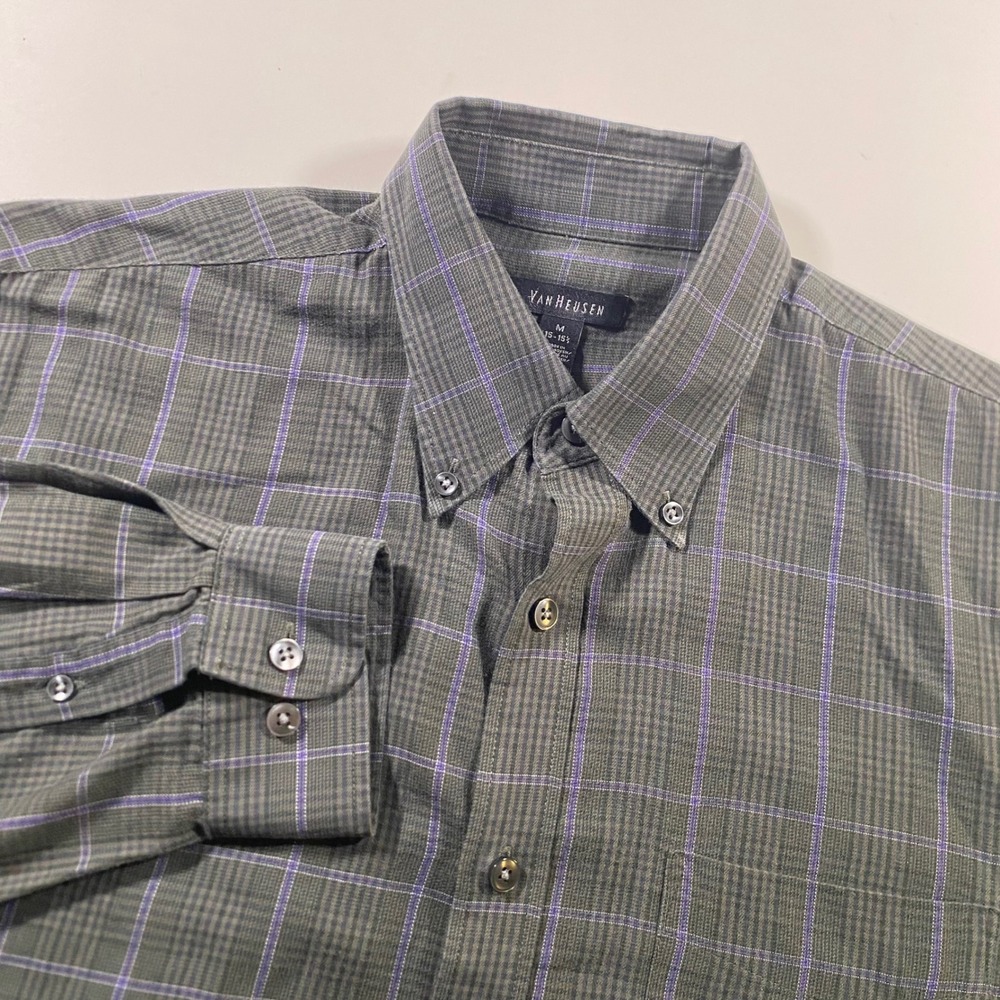 Van Heusen Mens Long Sleeve‎ Button Down Shirt Grey Purple Check Size M 15-15.5